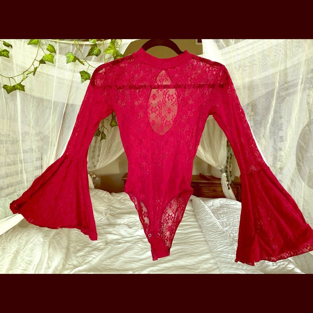 Red Lace Bell Sleeve Bodysuit
